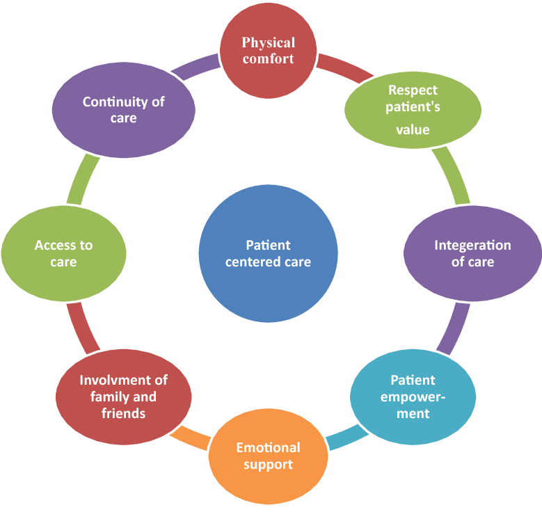 The makings of patient-centered care: physical comfort, respect for patient's value, integration of care, patient empowerment, emotional support, involvement of family and friends, access to care and continuity of care.
